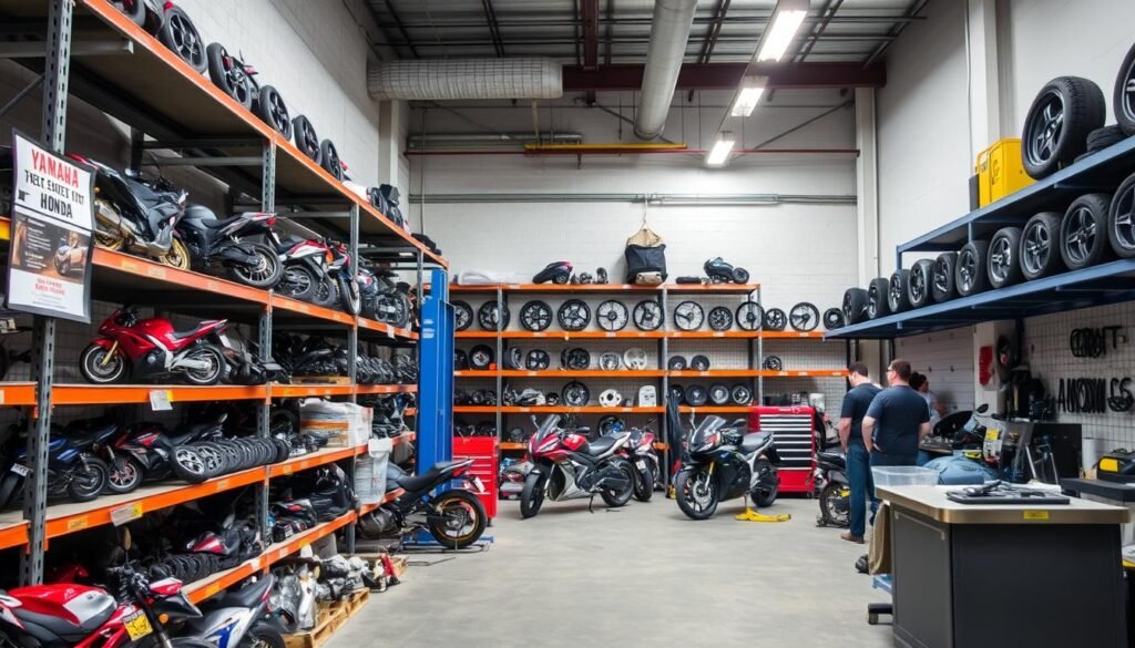 Used motorcycle parts organised on shelves at Motorbike Wreckers Brisbane